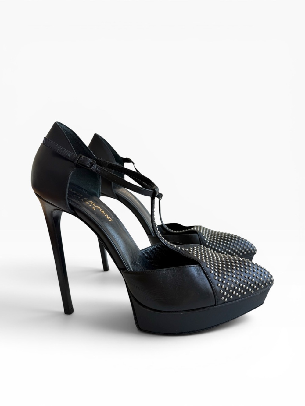 Saint Laurent Black Studded T-Strap Platform Heel - Picture 5 of 12